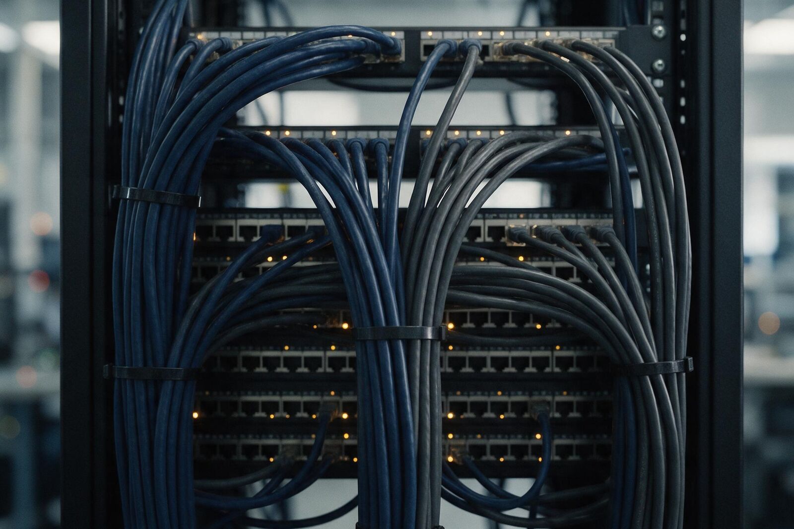Serverschrank mit sauber gebündelten Netzwerkkabeln und Patchpanels